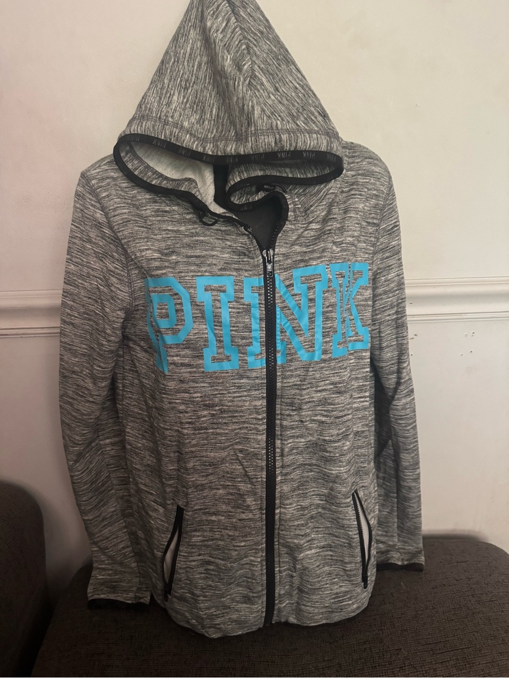 Victoria's Secret PINK Gray Zip Hoodie with Turquoise Logo